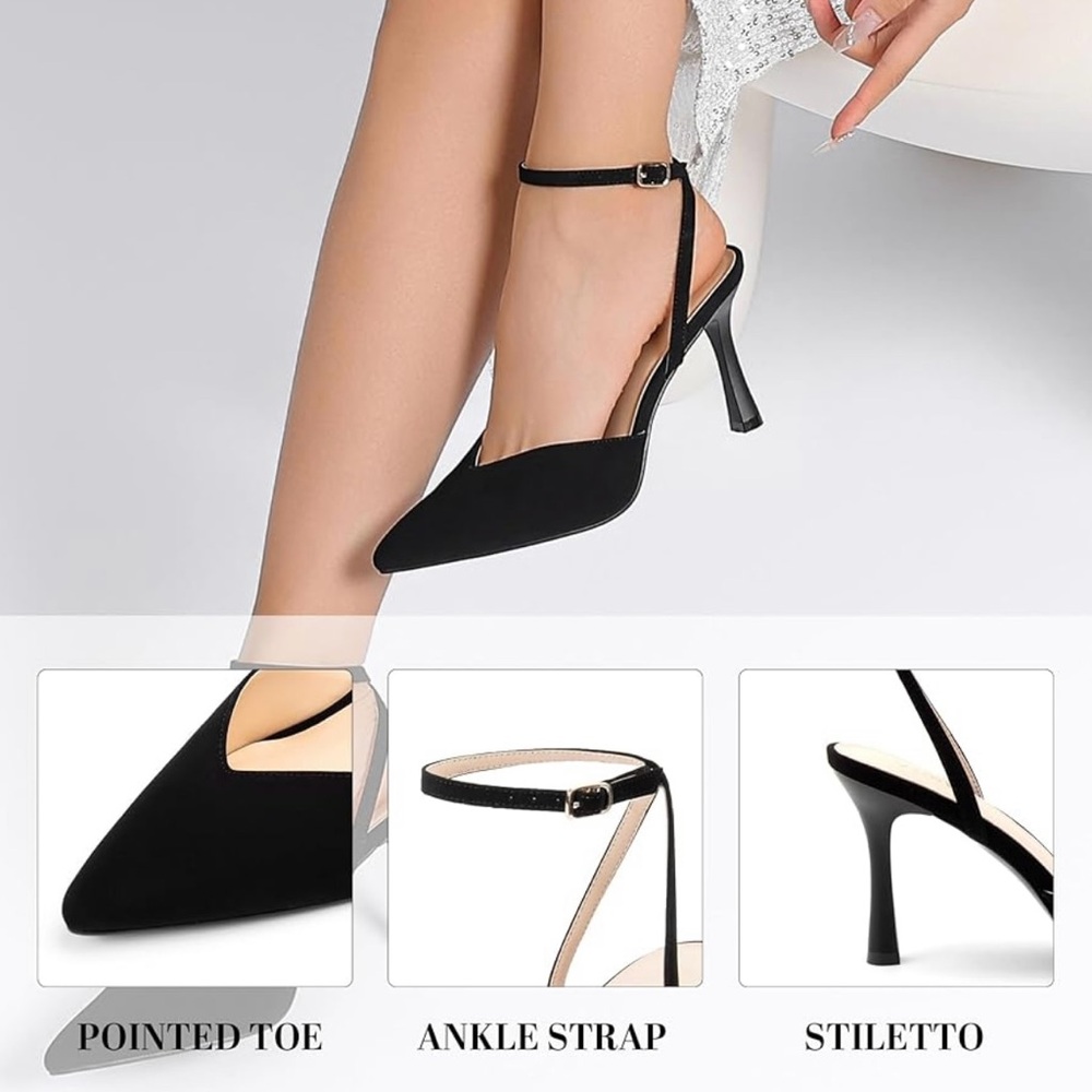 Miorap Elegant Closed Toe Suede Kitten Slingback Heels Black Ankle Strap 7.5 NWT - Picture 3 of 6